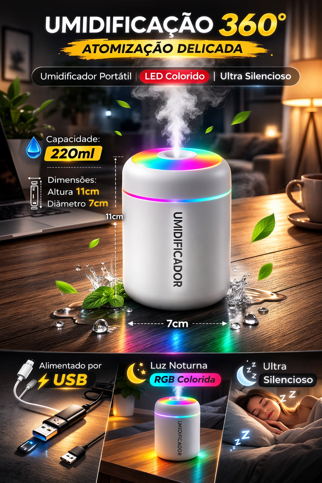 Umidificador USB com LED